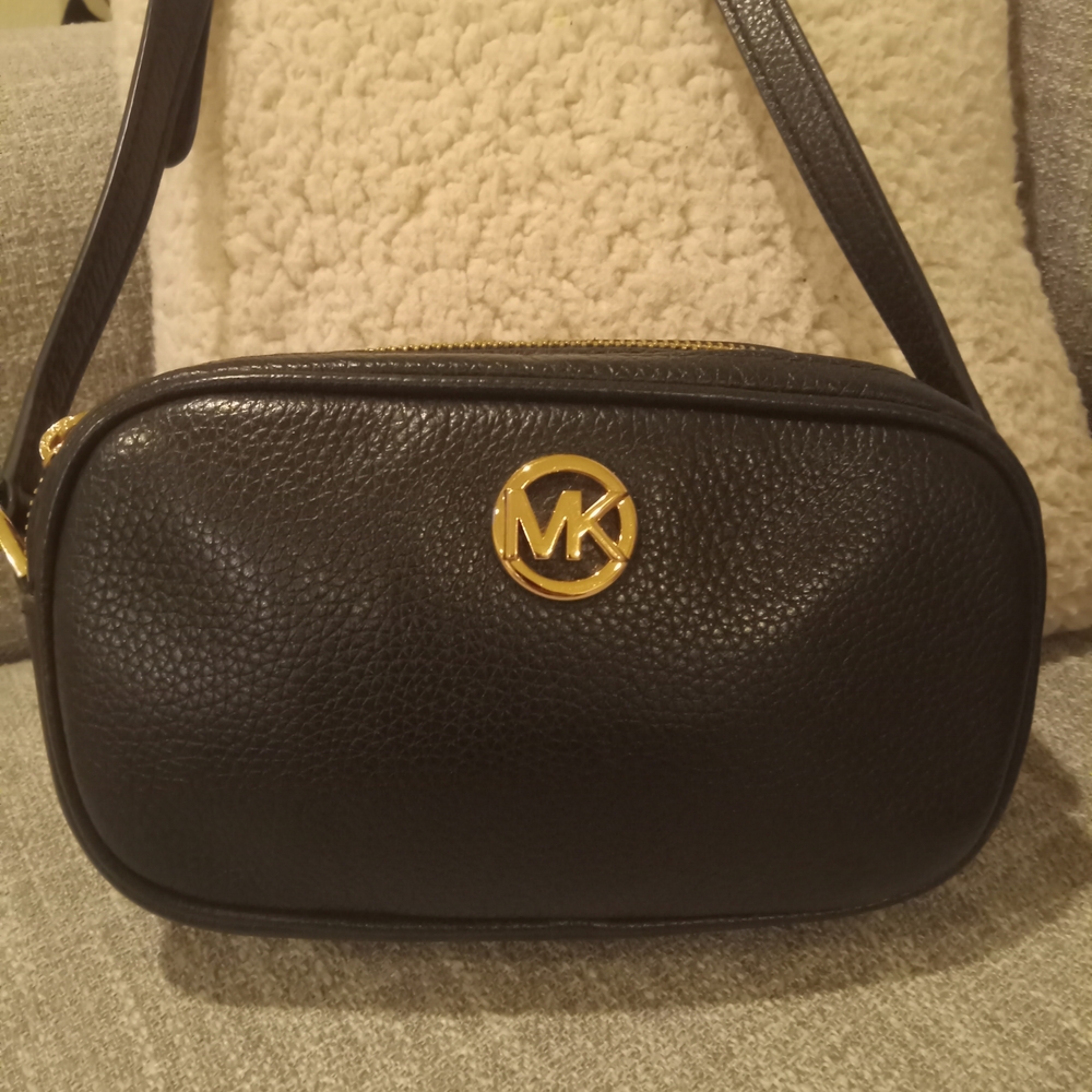 Michael Kors Black Pebbled Leather Camera Bag with Gold MK Emblem